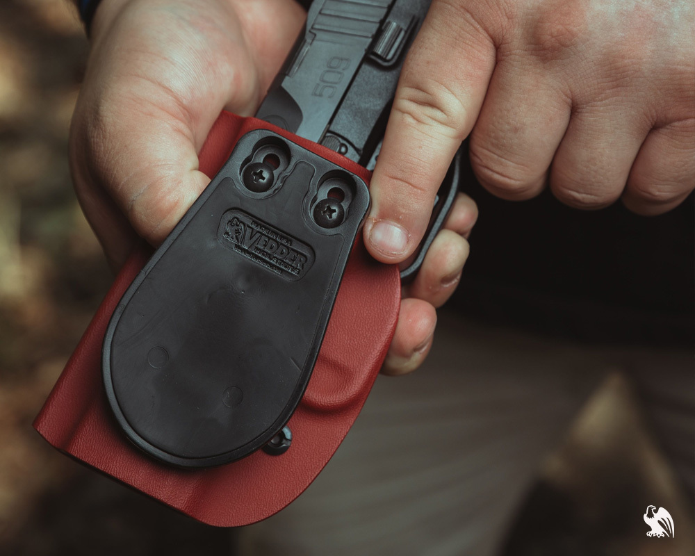 Close up photography of a Prodraw OWB Paddle Holster with a discreet logo