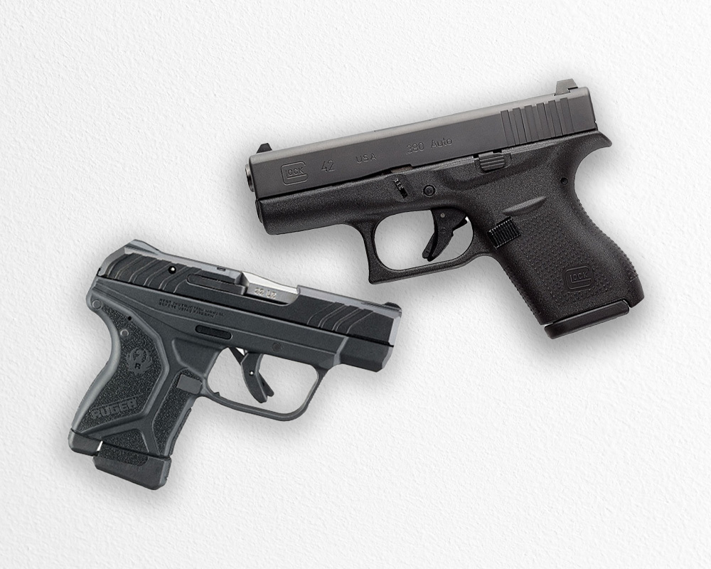 Glock 42 vs Ruger LCP II size comparison, compact .380 ACP concealed carry pistols.
