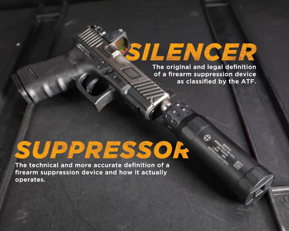 Handgun with a suppressor or silencer. Text on image explaining both silencer and suppressor.  