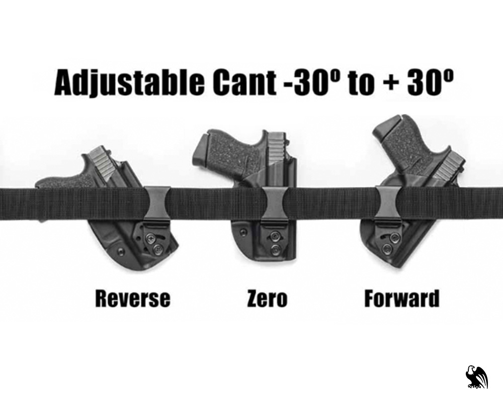 Vedder Holsters on a belt showing adjustable cant angles for the Kimber Micro 9: reverse (-30°), neutral (0°), and forward (+30°).