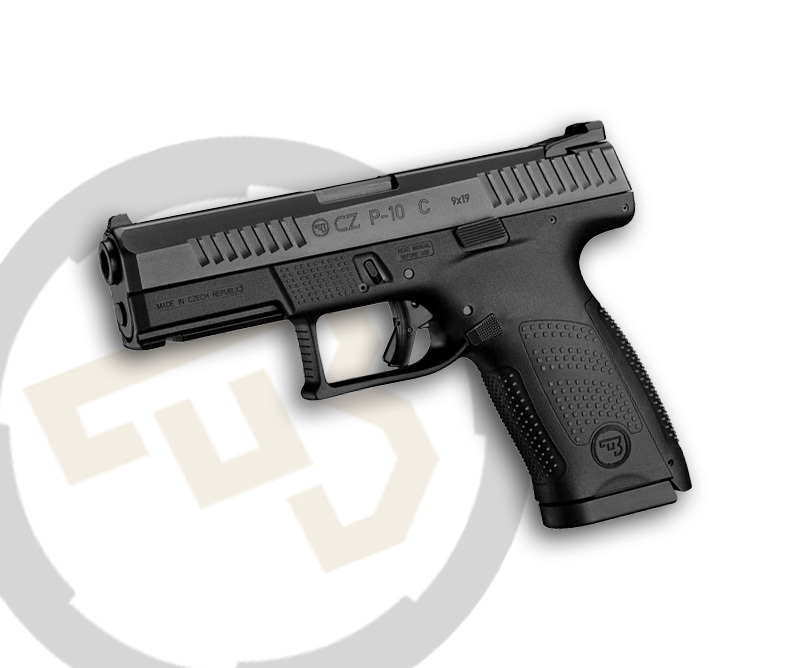 Side profile of a brand-new CZ P-10 C Ported 9mm pistol on a white background, showcasing its ported slide, textured grip, and striker-fired design