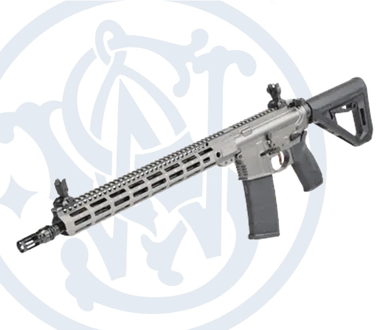 Side profile of the Smith & Wesson M&P15 AXE rifle on a white background, featuring a free-floating M-LOK handguard, adjustable stock, and flat-top Picatinny rail.