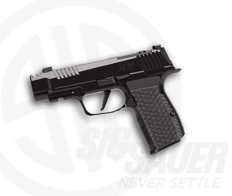Side view of SIG Sauer P365-LUXE 9mm pistol with premium finish and compact frame on white background.