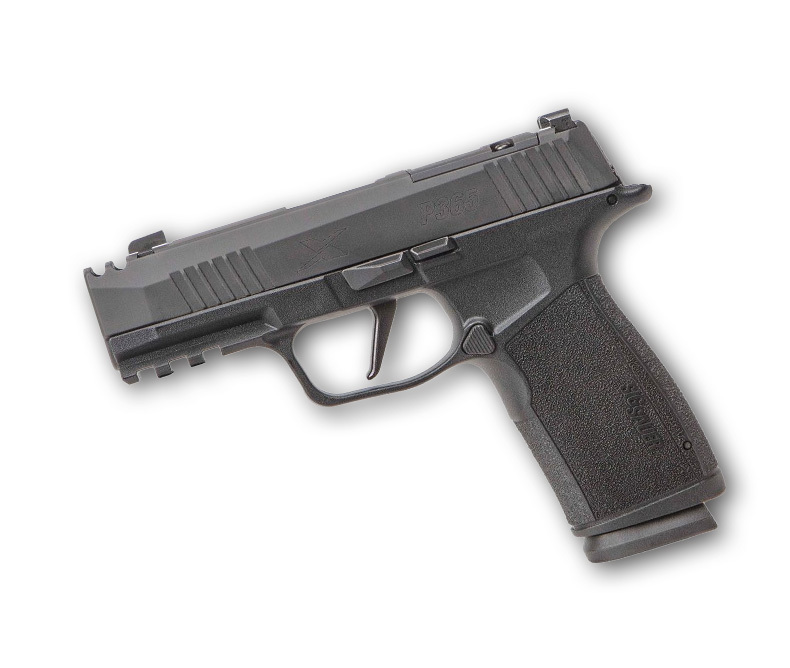 Side view of the SIG Sauer P365 Macro 9mm pistol highlighting the magazine release, slide lock, and ergonomic grip design, ideal for concealed carry
