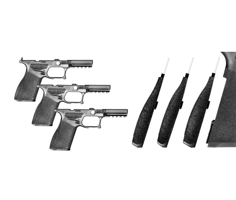 Springfield Armory Echelon pistol frames and interchangeable grip modules shown side by side, highlighting customizable grip sizes for enhanced ergonomics and fit.