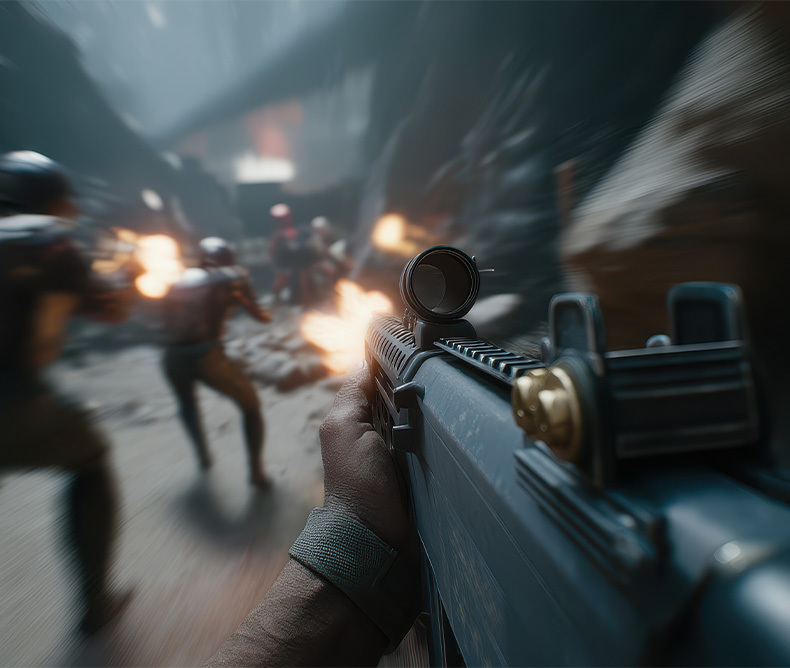 First person shooter video game, shows a person shooting a rife.