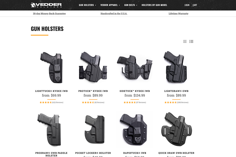 Vedder Holsters Website showing all of the gun holsters options for IWB or OWB