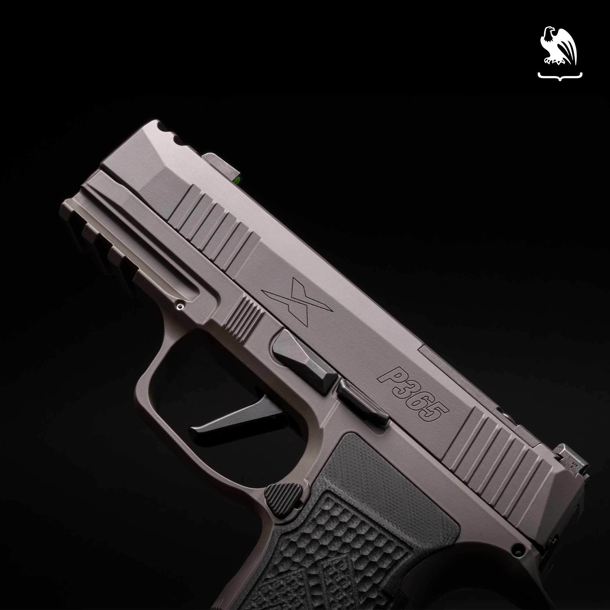 Sig Sauer P365 AXG Legion compact 9mm pistol with gray cerakote slide and black polymer grip on dark background