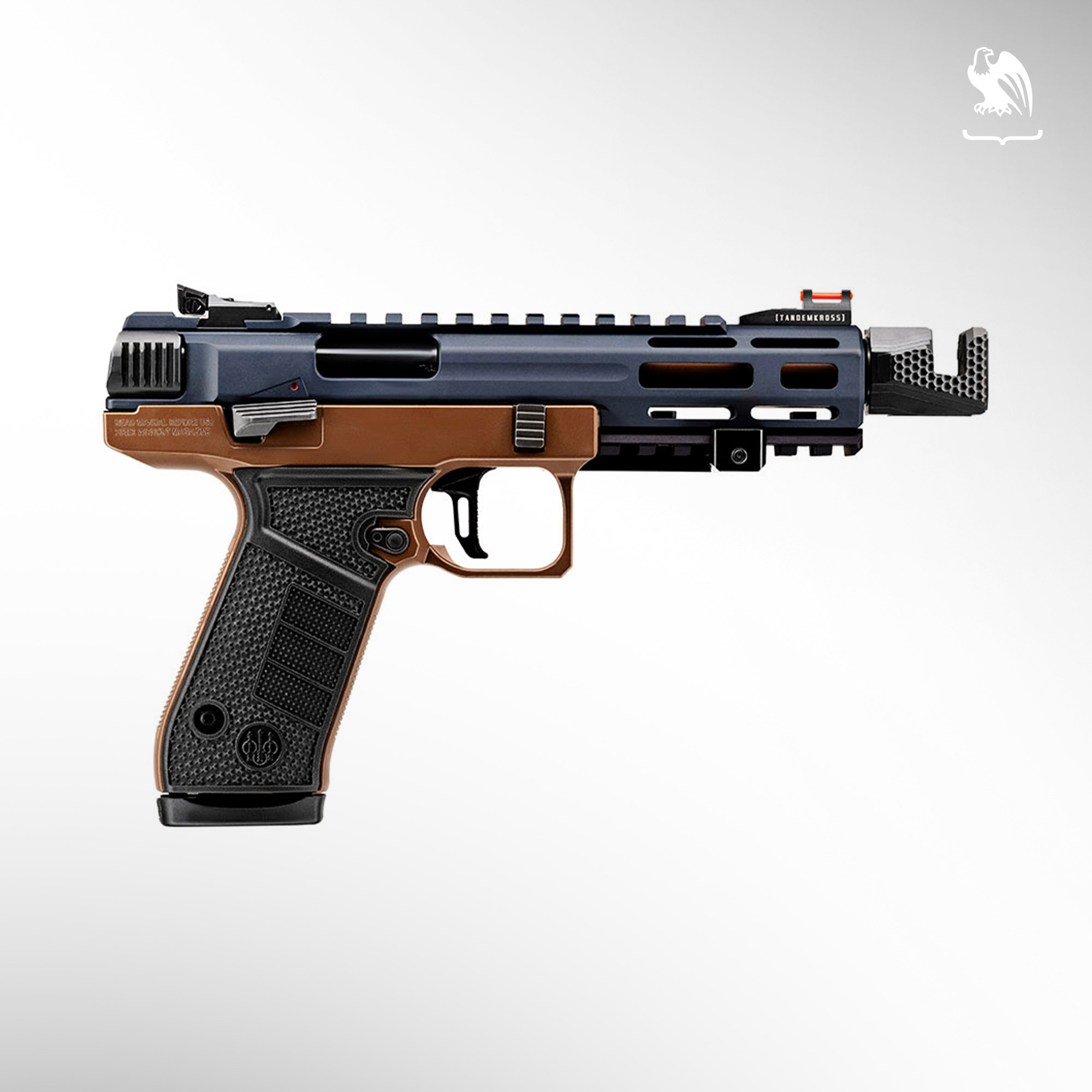 B22 Jaguar Metal Competition .22 LR pistol featuring a TANDEMKROSS compensator, fiber-optic sights, and two-tone FDE and black finish.