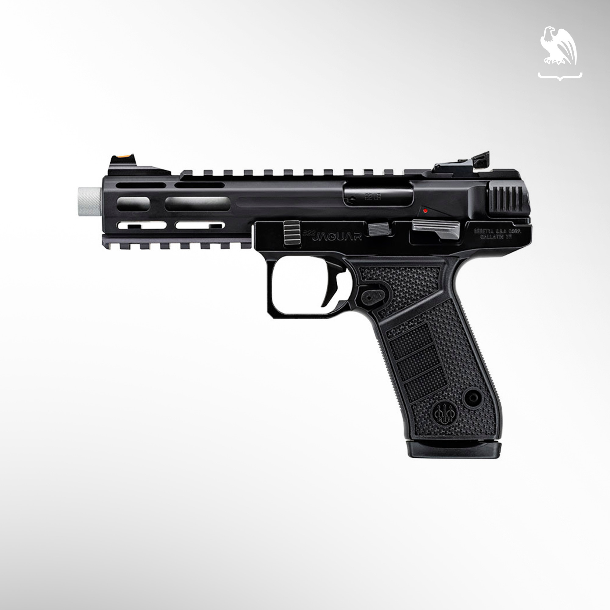 Beretta B22 Jaguar Tac Metal .22 LR pistol in FDE with a threaded barrel, fiber-optic sights, and Picatinny rail.