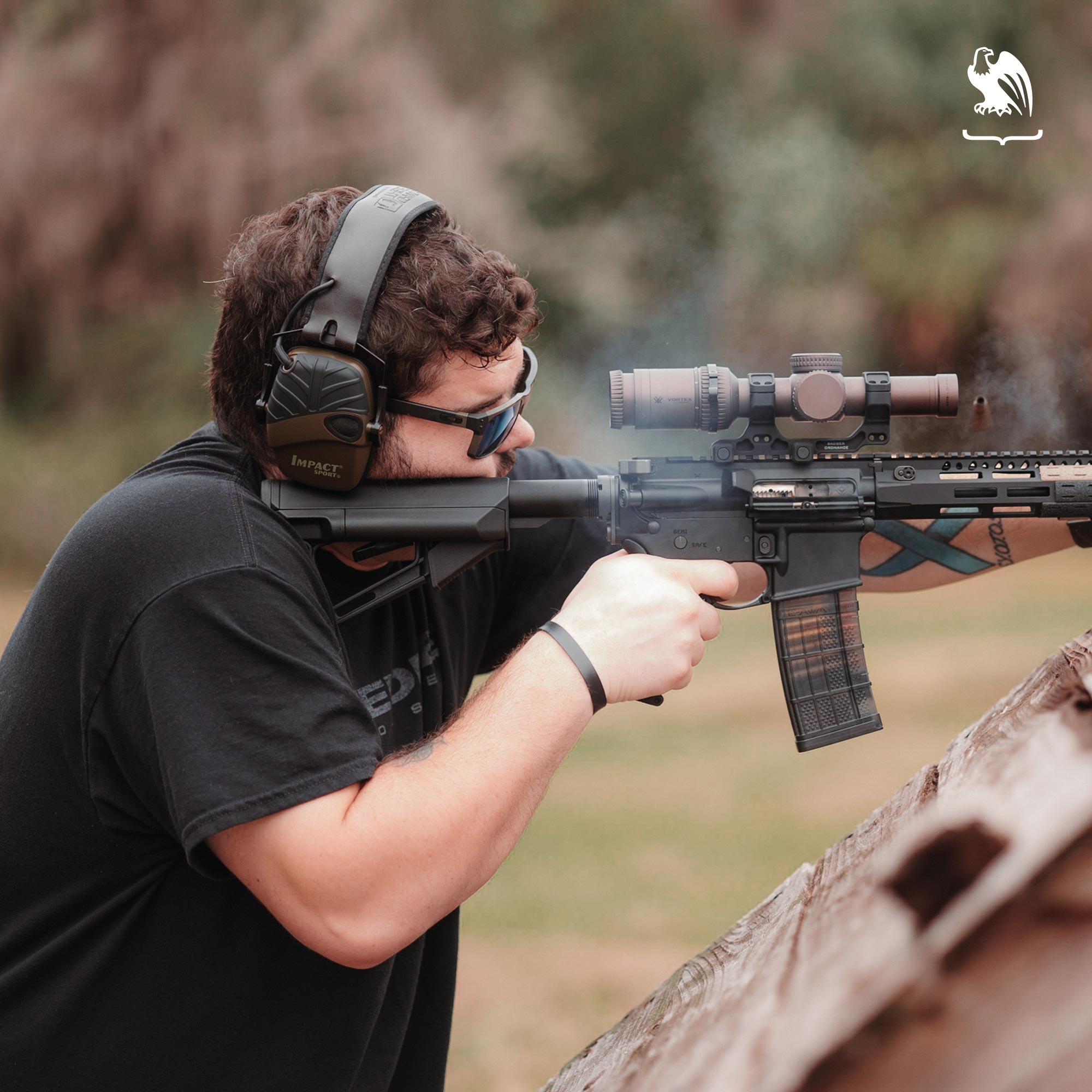 Range shooting using the correct gear like it is ear protection for shooting and glasses.