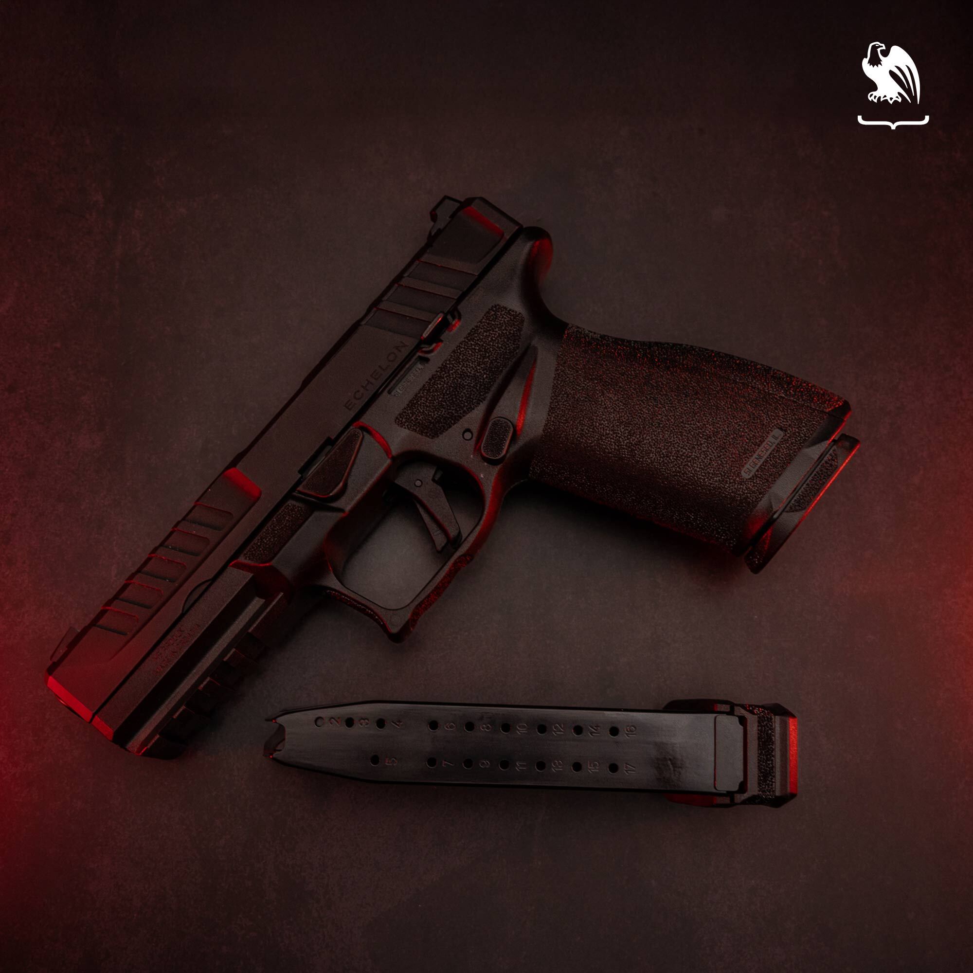 Springfield Armory Echelon 9mm handgun with detachable magazine placed beside it, photographed in a dramatic low-light setting.