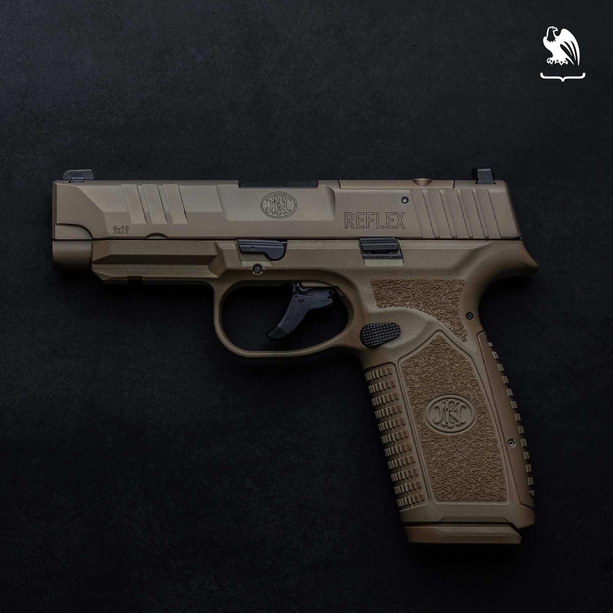 FN Reflex 9mm micro-compact pistol in flat dark earth finish shown in a side profile against a dark background.