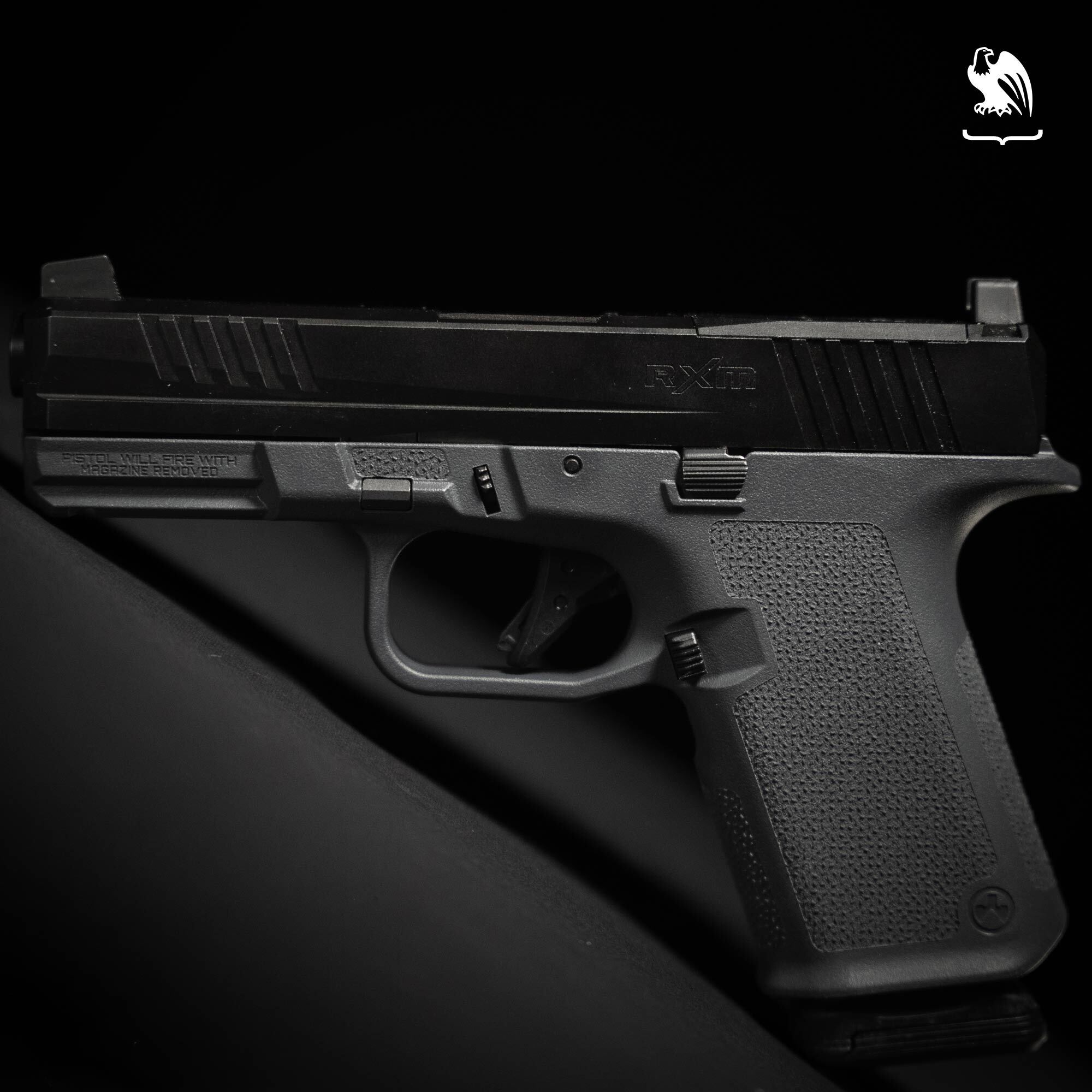 A Ruger RXM pistol with a gray frame against a black backdrop