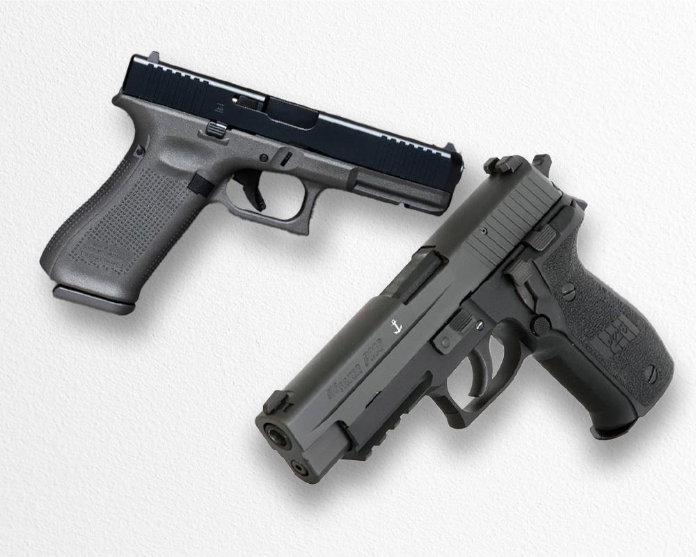 Side-by-side comparison of a Glock pistol and a Sig Sauer P226 handgun on a light background.