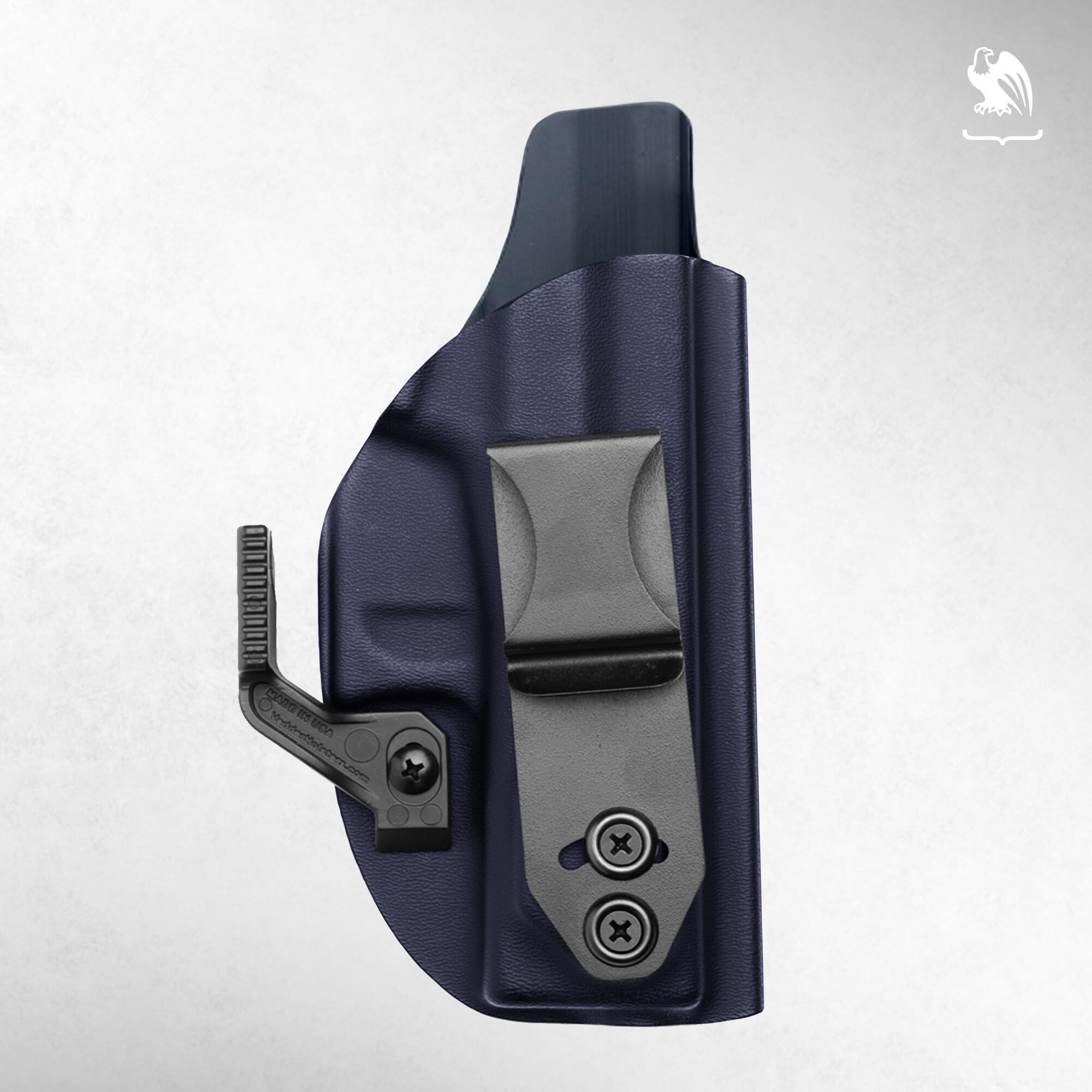 A navy blue Kydex IWB (inside-the-waistband) holster with a metal belt clip and adjustable cant, designed for secure concealed carry of the Kel-Tec PF9.