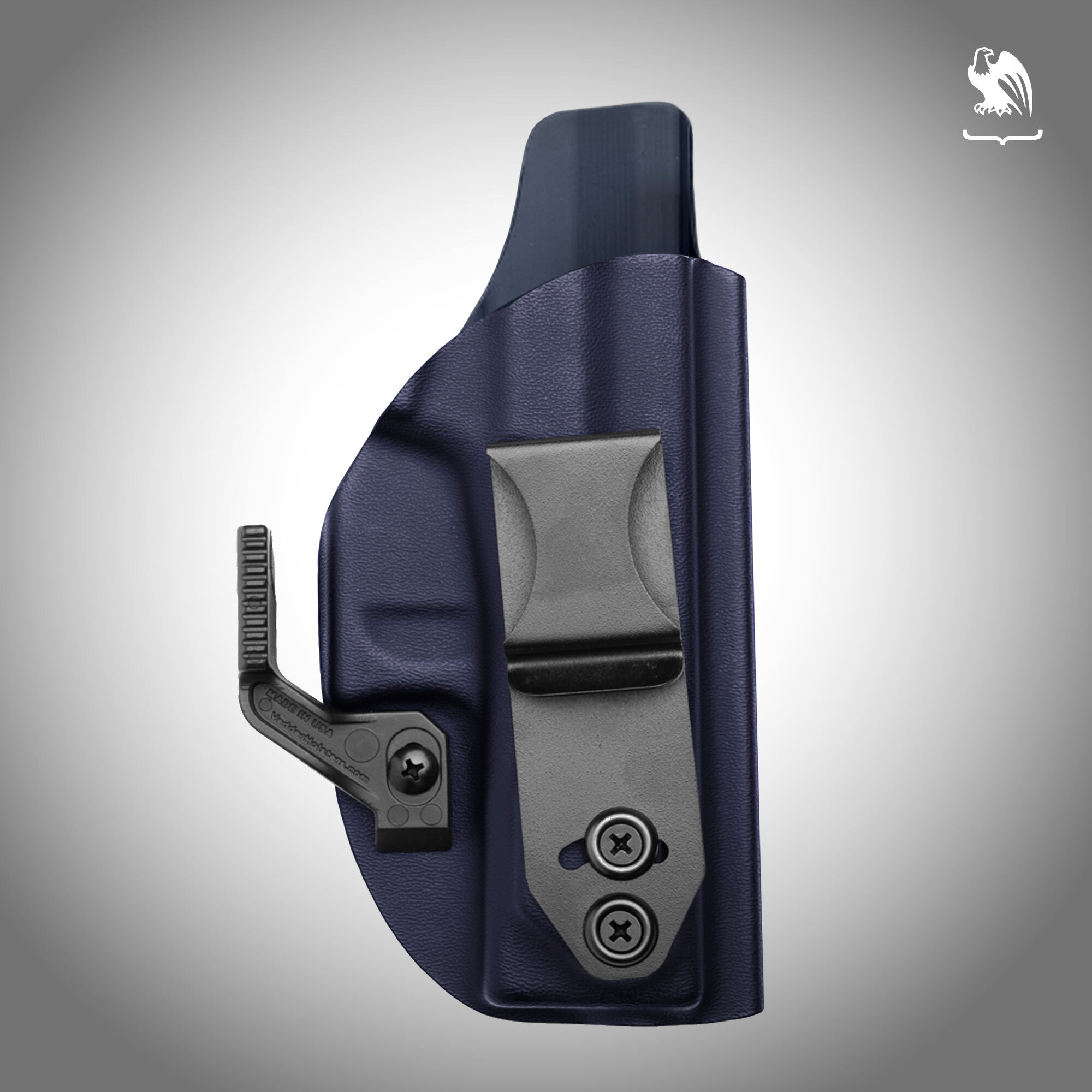 A blue Vedder Holsters LightTuck holster with a claw in front of a white background