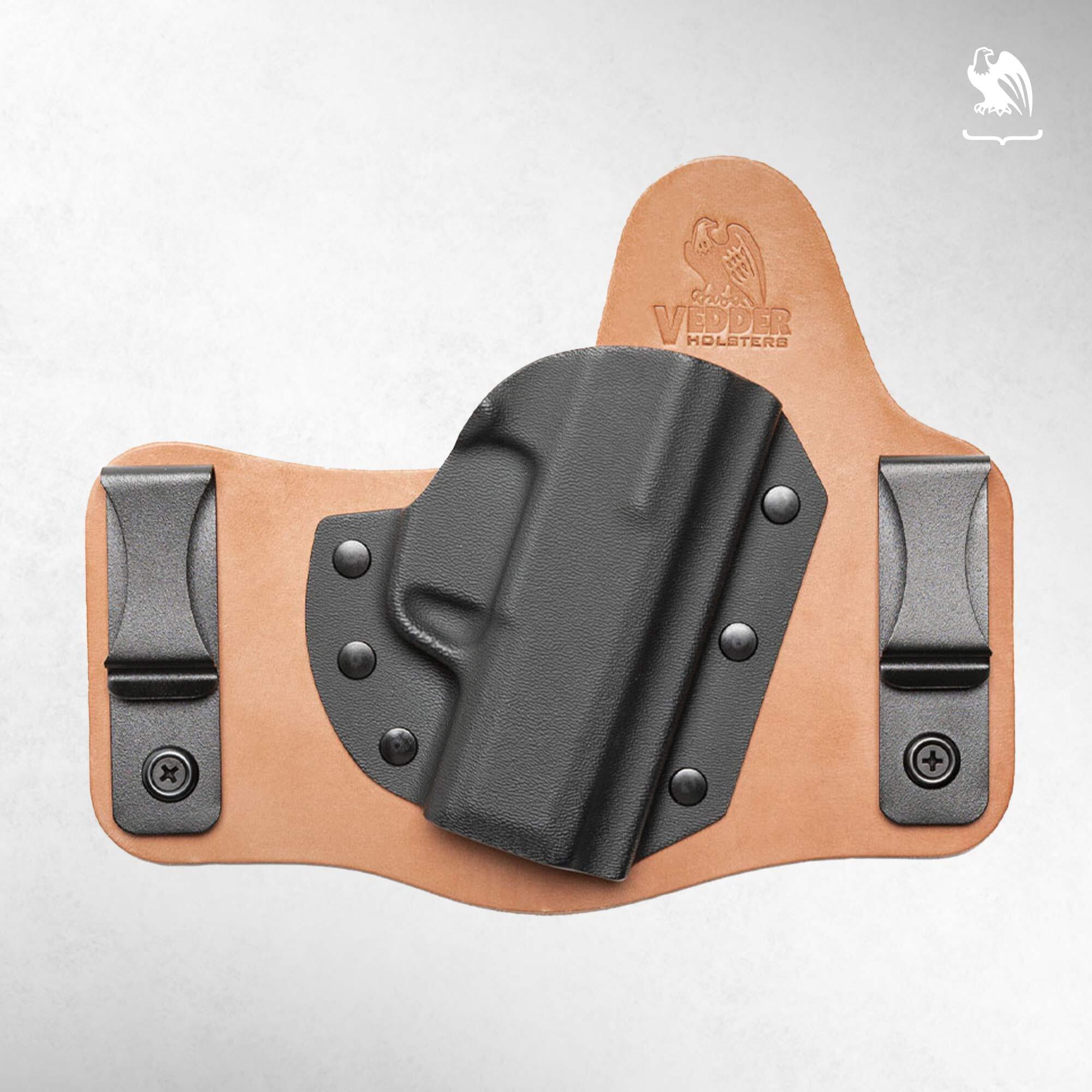 A Vedder Holsters hybrid IWB holster featuring a natural leather backing and black Kydex shell with dual metal belt clips, offering a comfortable carry solution for the Kel-Tec PF9.
