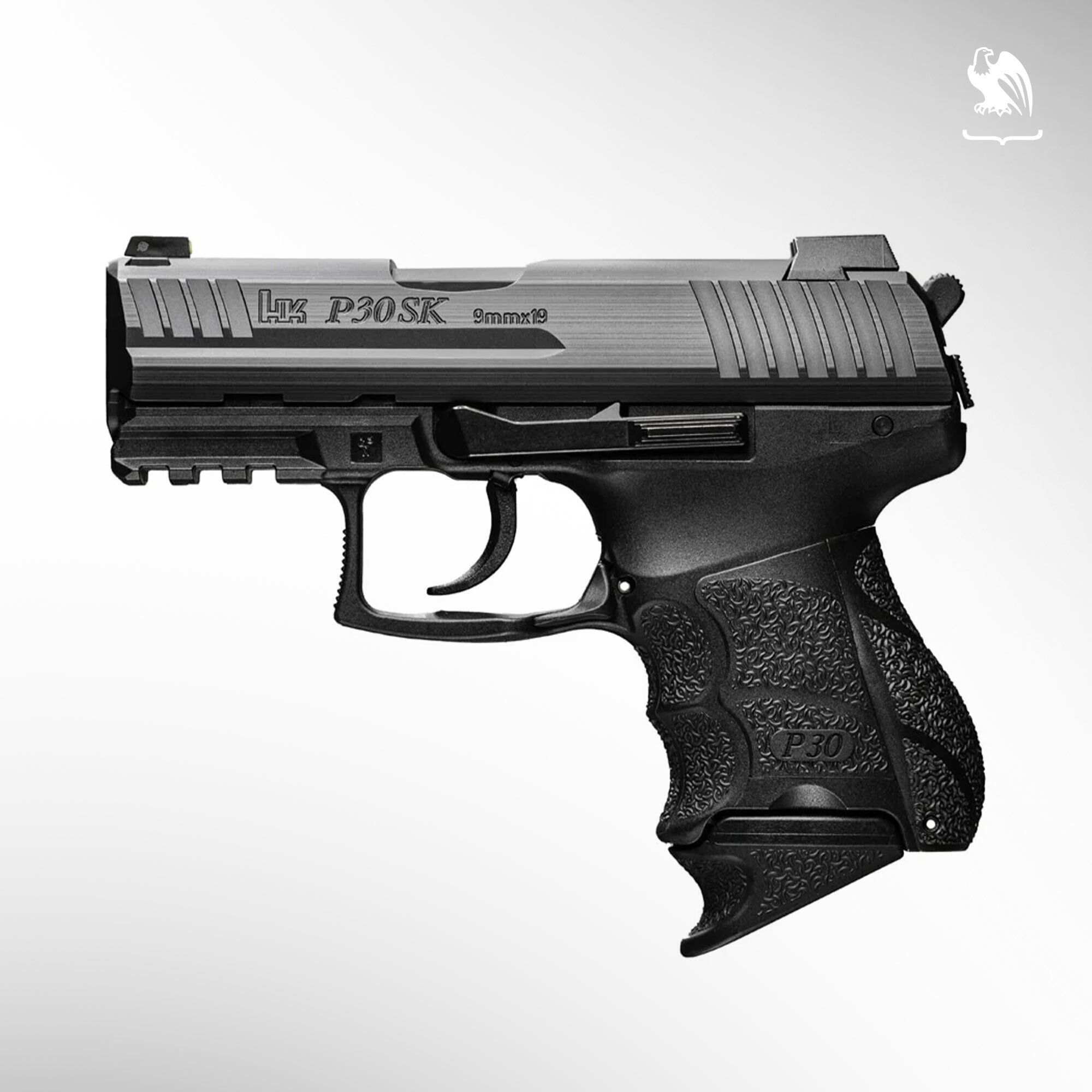 HK P30SK subcompact 9mm pistol in black finish with Picatinny rail and ergonomic grip, side profile view