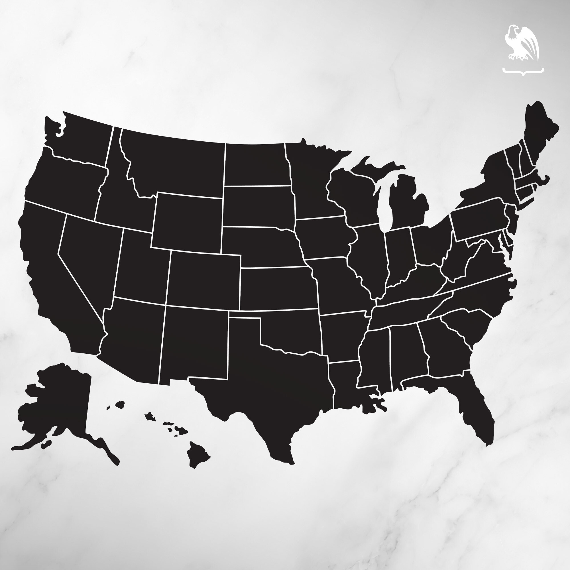 USA map showing all states with white lines dividing them.