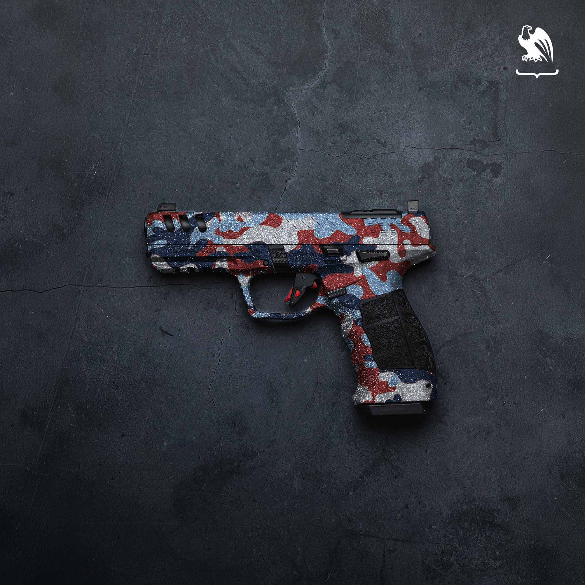 Sparkly red, white, and blue pistol A pistol with a custom red, white, and blue sparkle Cerakote finish.