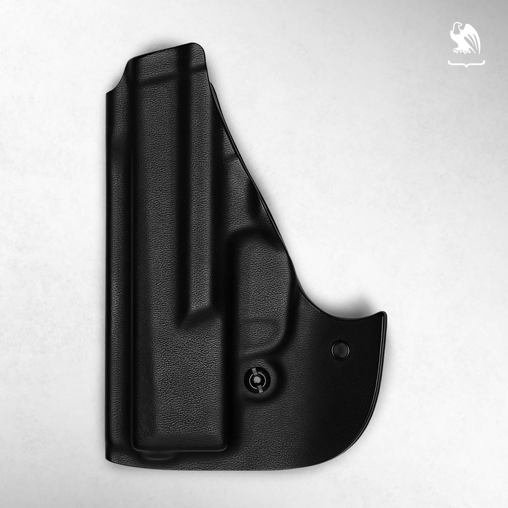 A all-black Kydex pocket holster for the Kel-Tec PF9, featuring a minimalist design with a retention screw, ideal for discreet pocket carry.