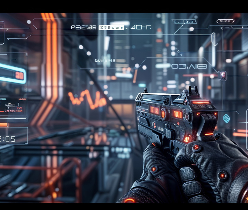 Futuristic Videogame where a person is holding a handgun in a 1st person view, background the view shows a city.