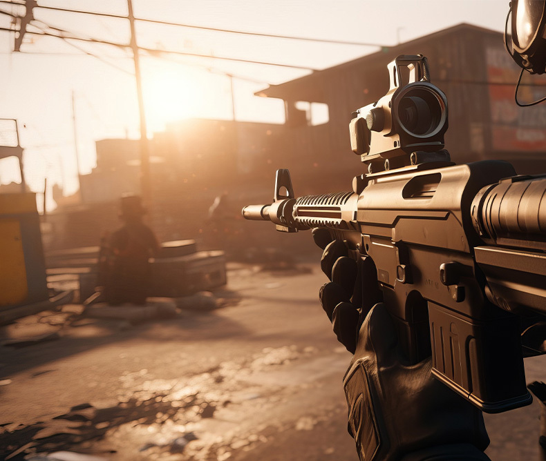 First-person view of a tactical rifle with a red dot sight in a sunlit urban combat environment, showcasing realistic weapon detail and immersive lighting effects, commonly seen in military-themed first-person shooter video games.