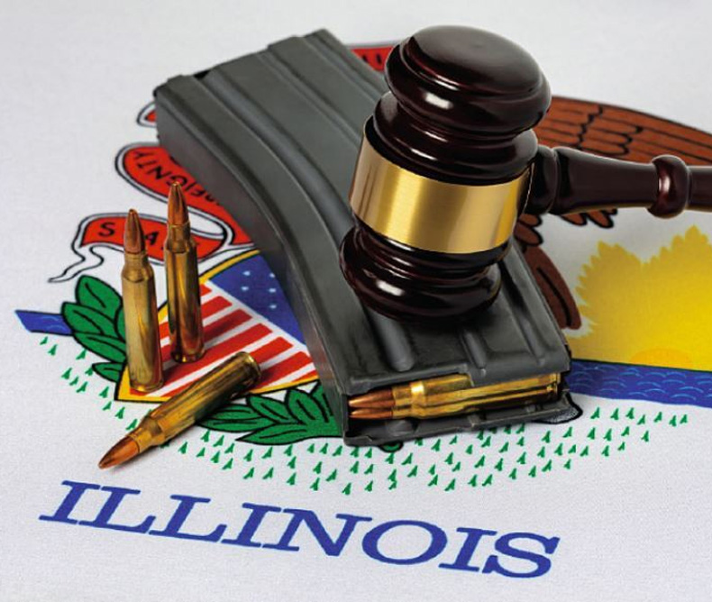 Illinois mat with bullets, a magazine and a court hammer.